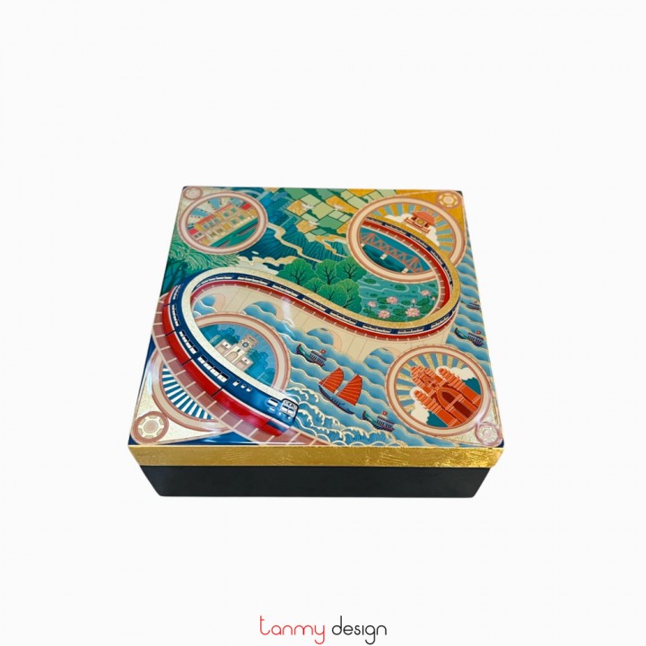 North-South Railway square lacquer box 15x15x6 cm
